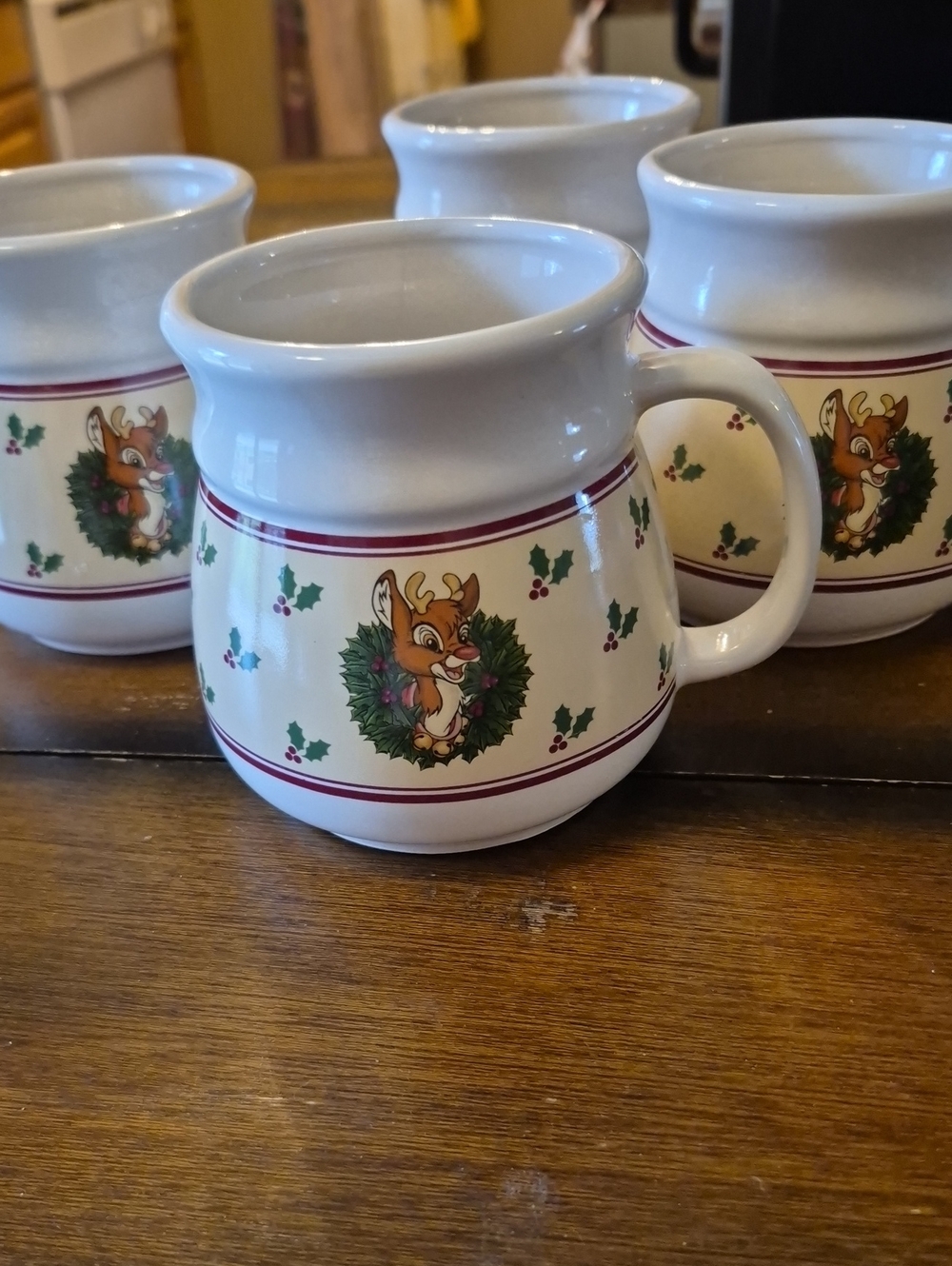 Vintage Rudolph Reindeer Holly Wreath Coffee Tea Mug The Good Company 1988 Set 4